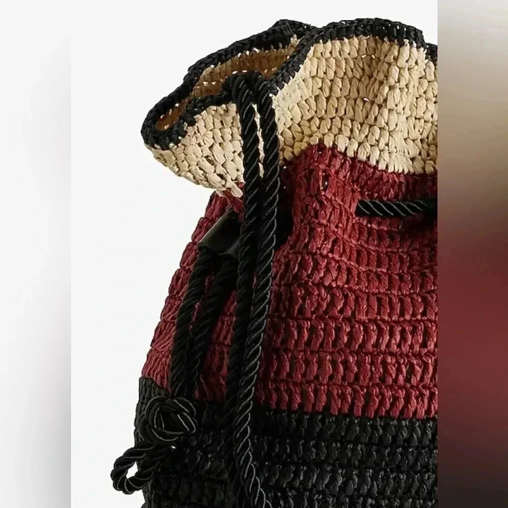 Express Black Tan Brown Woven Straw Drawstring Bag NWT